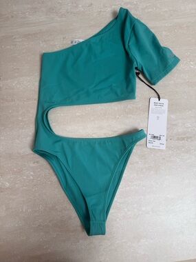 ALO Yoga One-Shoulder Cutout One-Piece Swimsuit - Teal Green